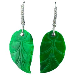 14kt White Gold Carved Jade "Leaves" Earrings with Diamonds