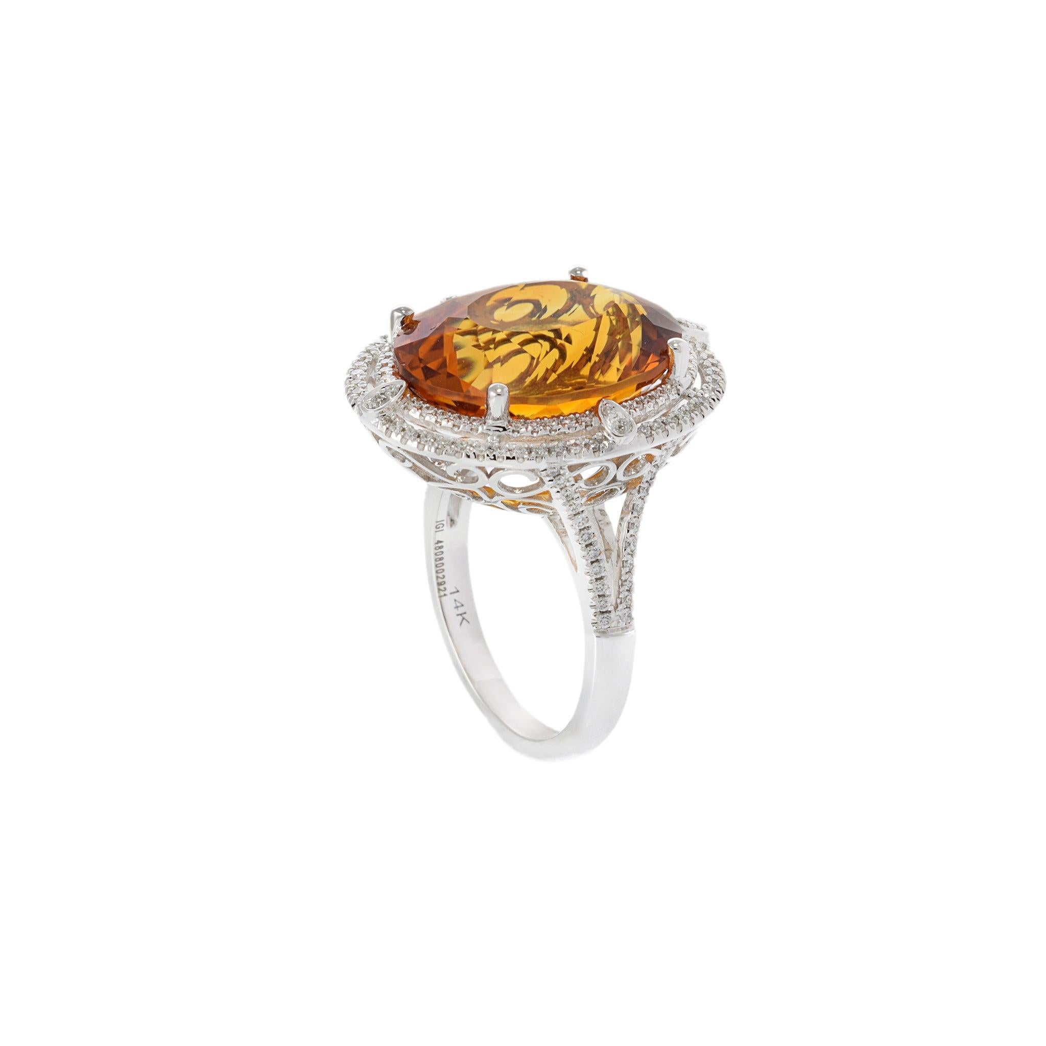 Anello doppio aureola in oro bianco 14KT con citrino e diamante in vendita 1