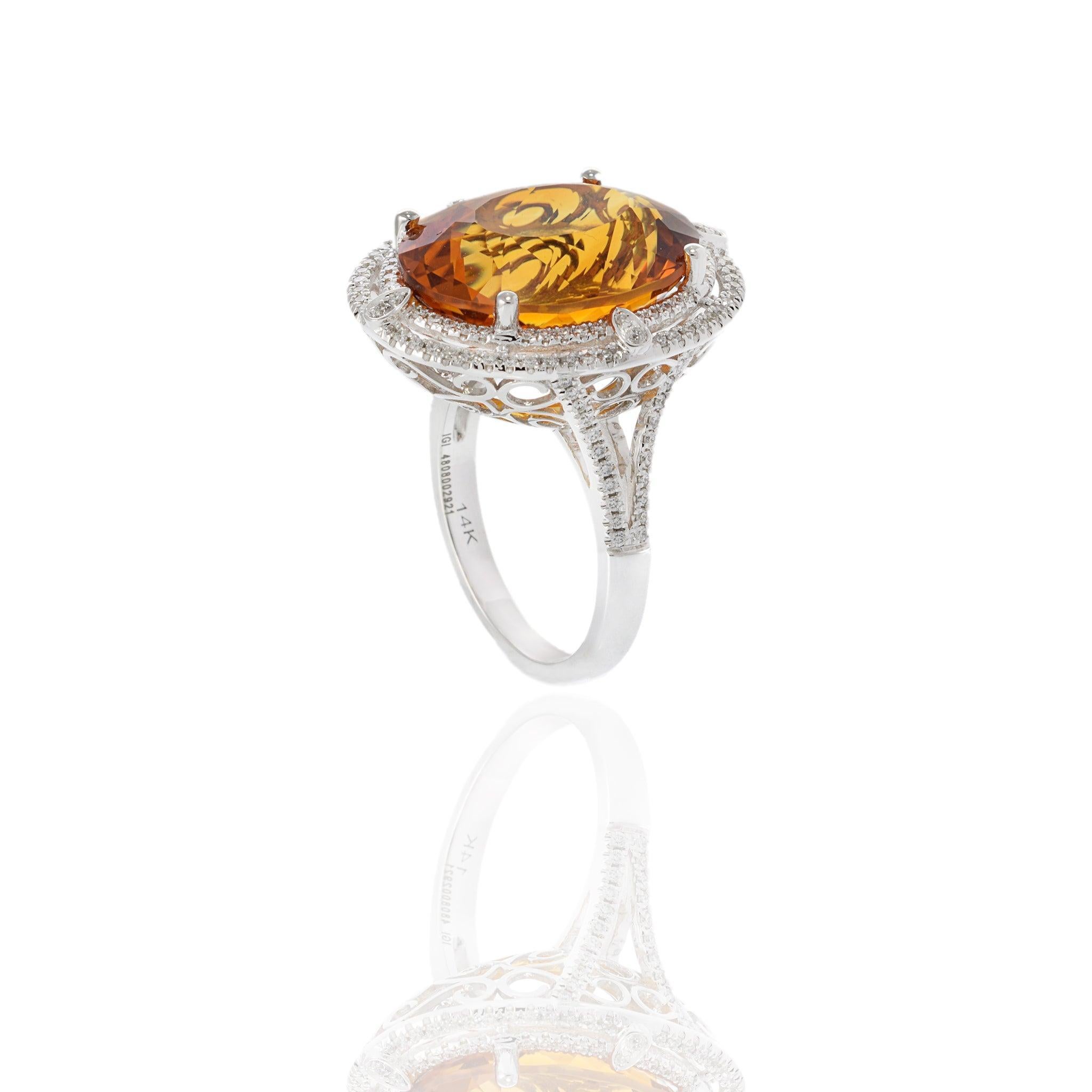 Anello doppio aureola in oro bianco 14KT con citrino e diamante in vendita 2