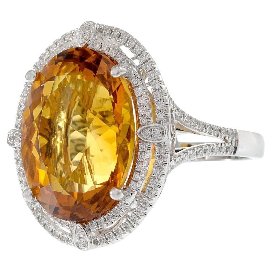 Anello doppio aureola in oro bianco 14KT con citrino e diamante in vendita