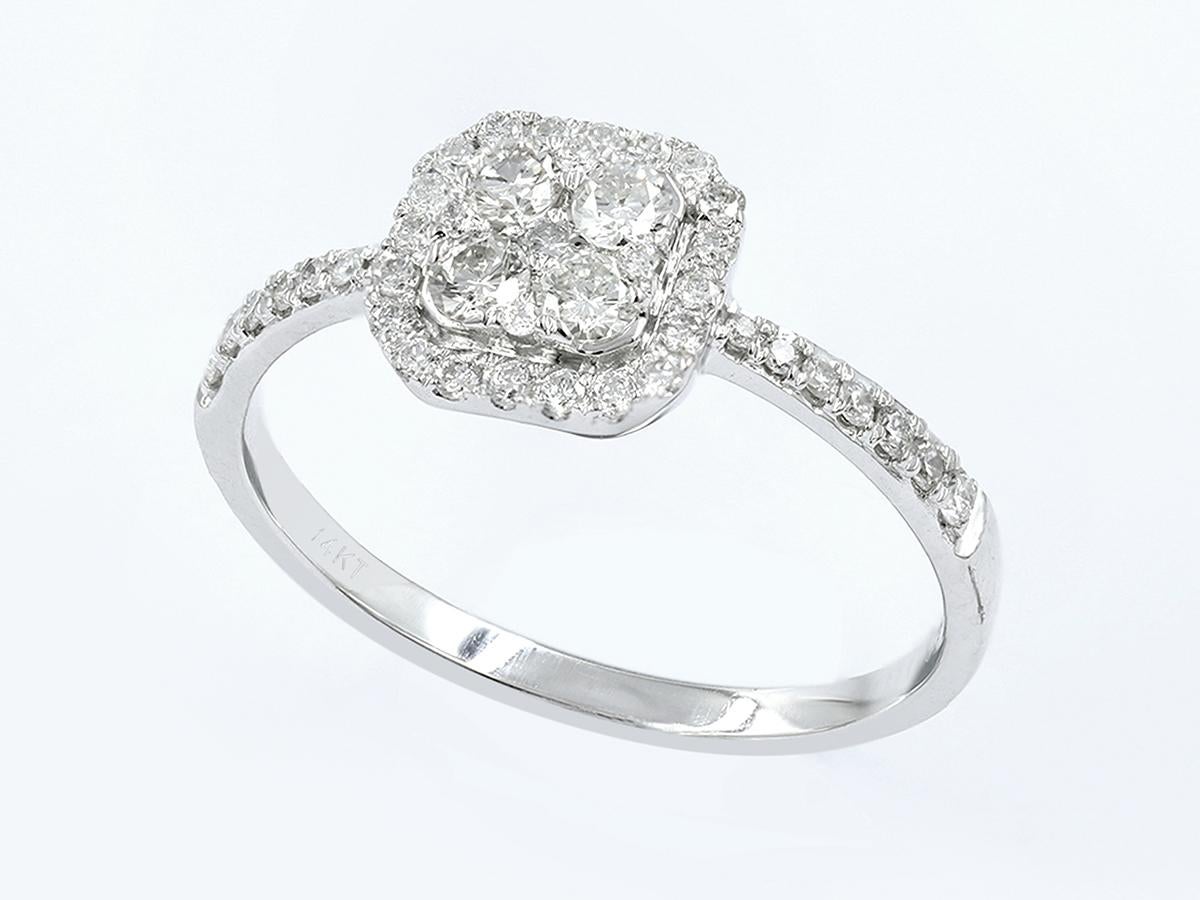 14KT Weißgold Cushion Cluster Halo Diamant Ring (Brillantschliff) im Angebot