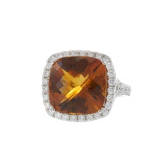 14KT White Gold Cushion Cut Citrine and Diamond Halo Ring