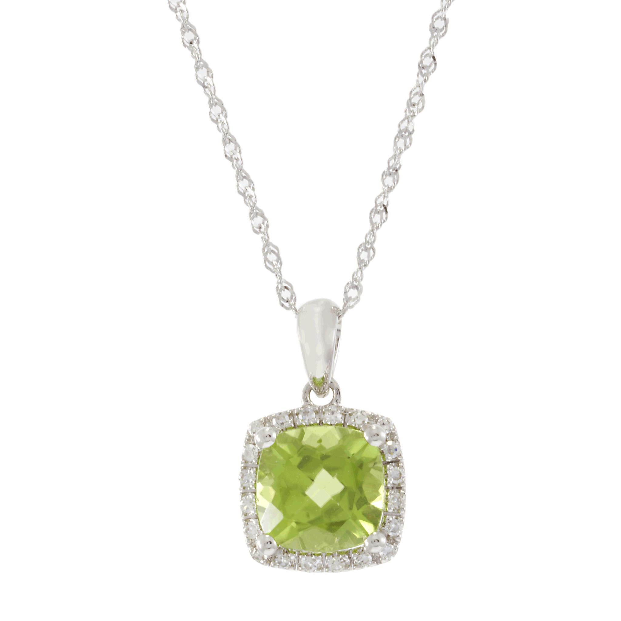 Collier pendentif halo en or blanc 14KT à péridot taille coussin et diamant Neuf - En vente à New York, NY