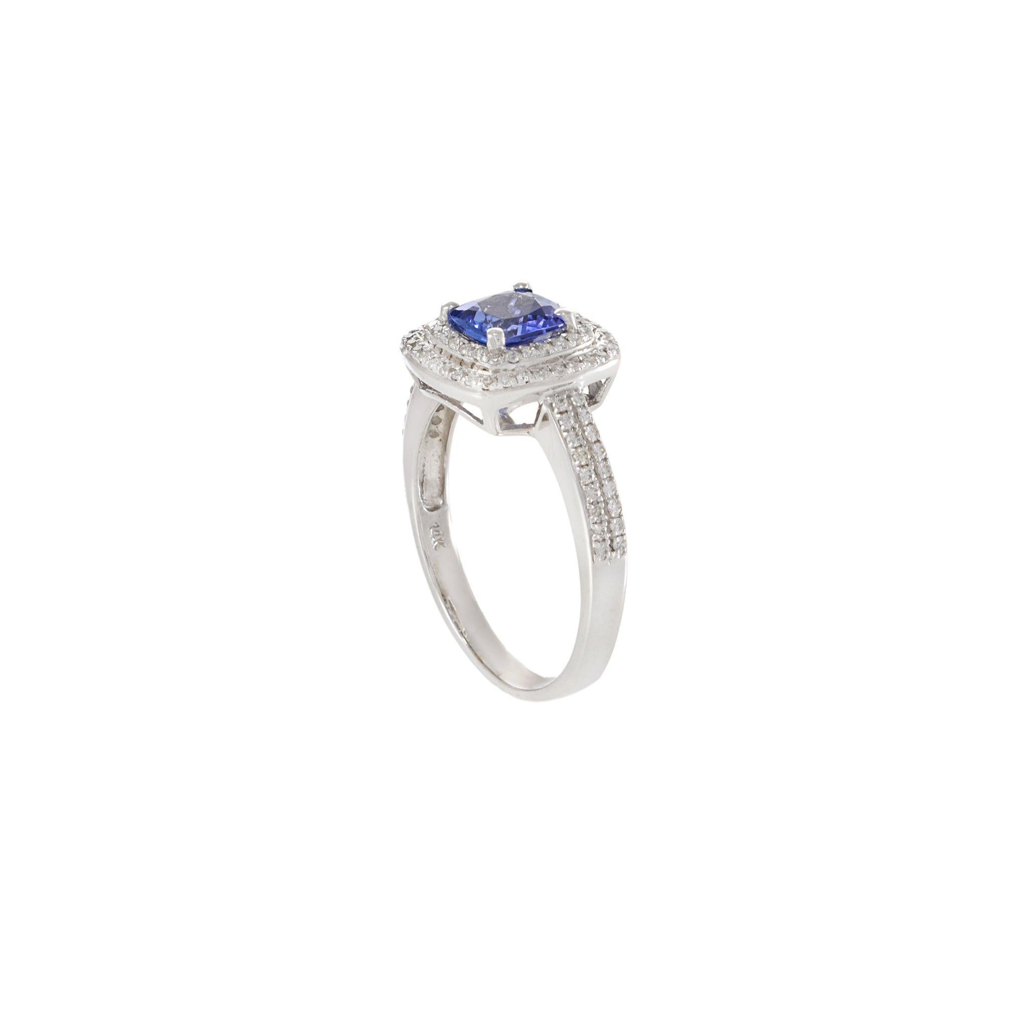 Cushion Cut 14KT White Gold Cushion-Cut Tanzanite and Diamond Halo Ring For Sale