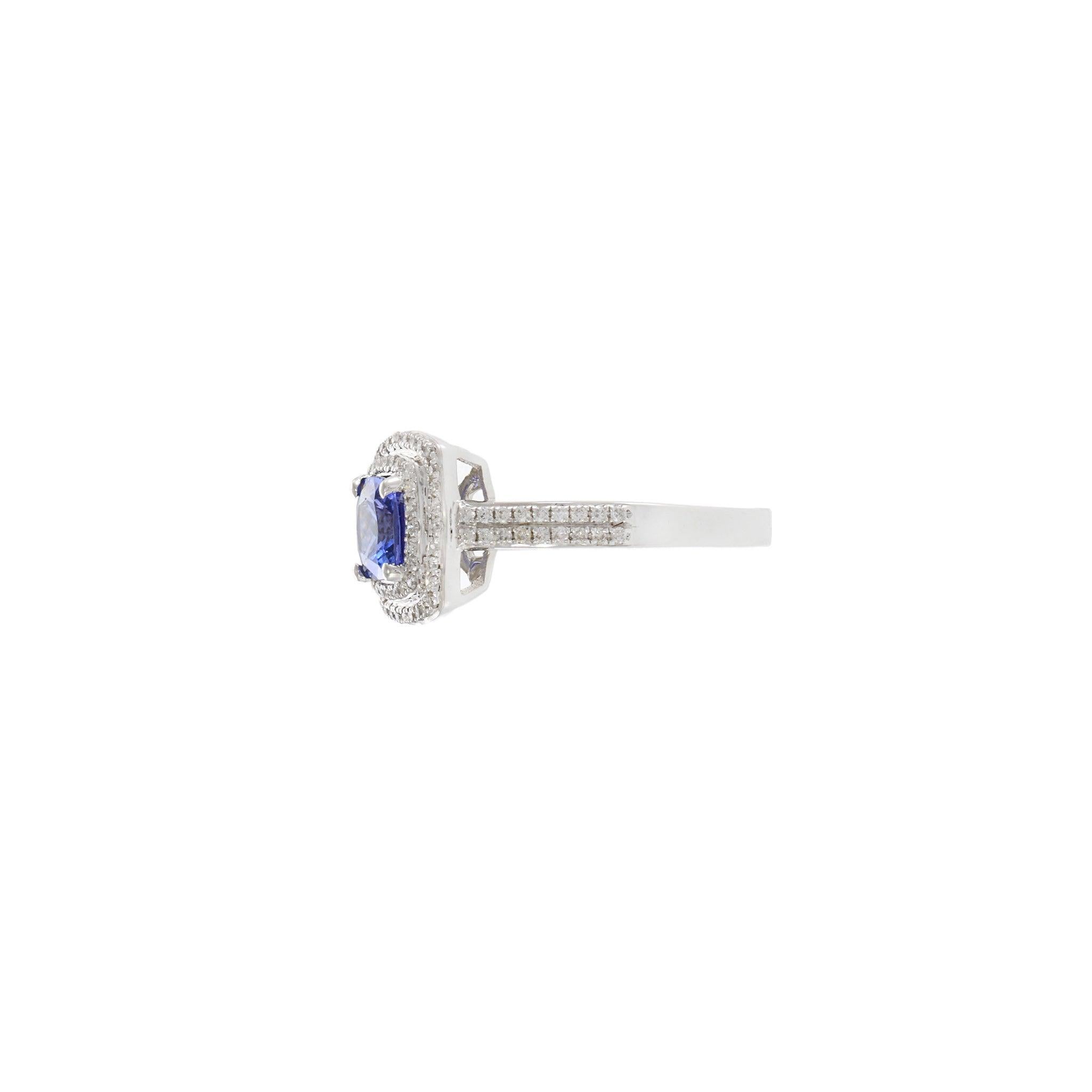 14KT White Gold Cushion-Cut Tanzanite and Diamond Halo Ring In New Condition For Sale In New York, NY