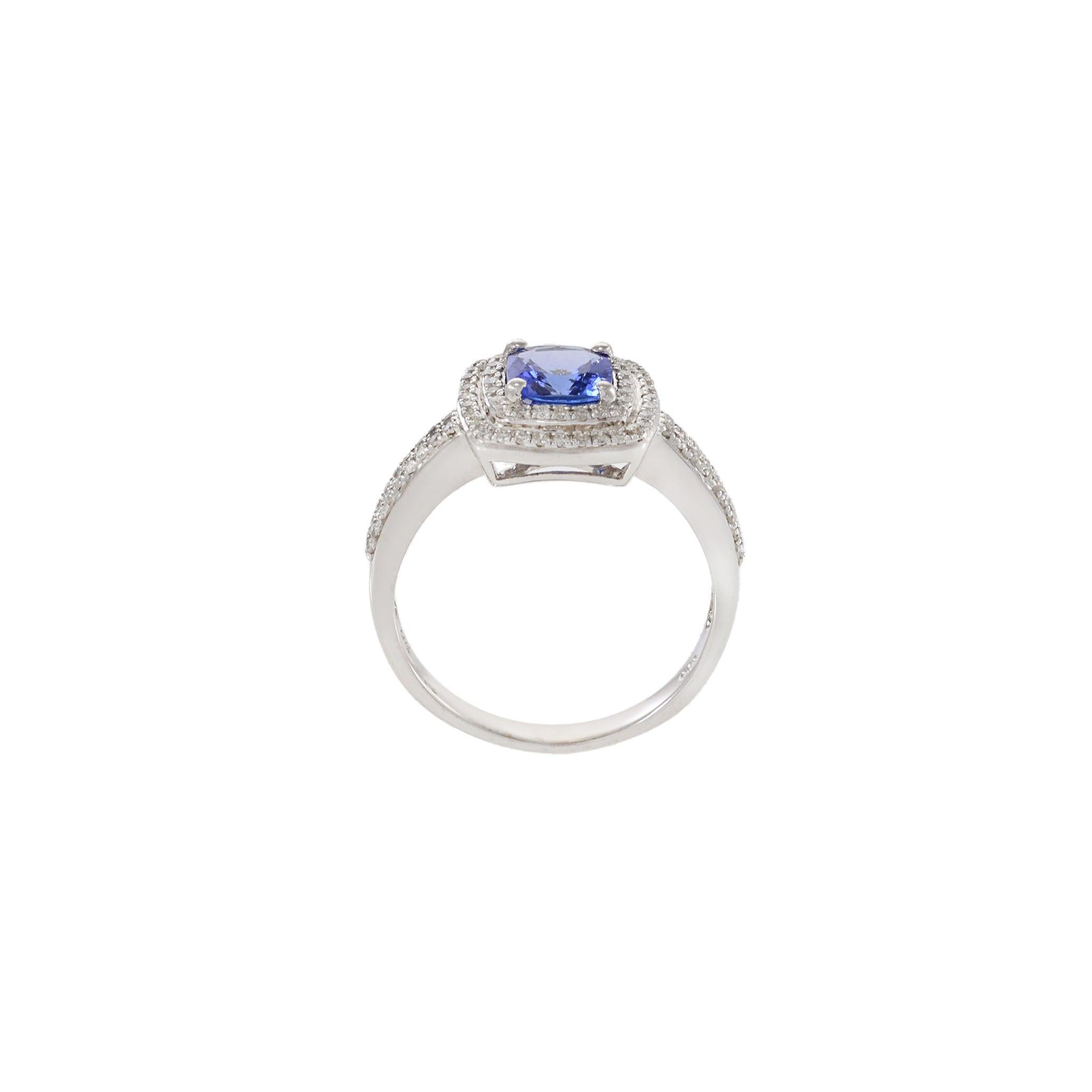 Women's 14KT White Gold Cushion-Cut Tanzanite and Diamond Halo Ring For Sale