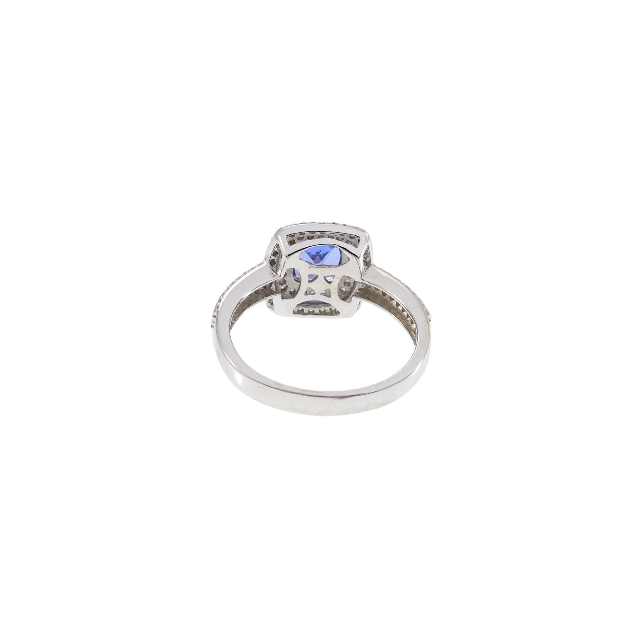14KT White Gold Cushion-Cut Tanzanite and Diamond Halo Ring For Sale 1