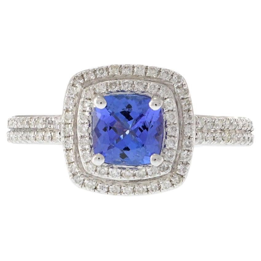 14KT White Gold Cushion-Cut Tanzanite and Diamond Halo Ring