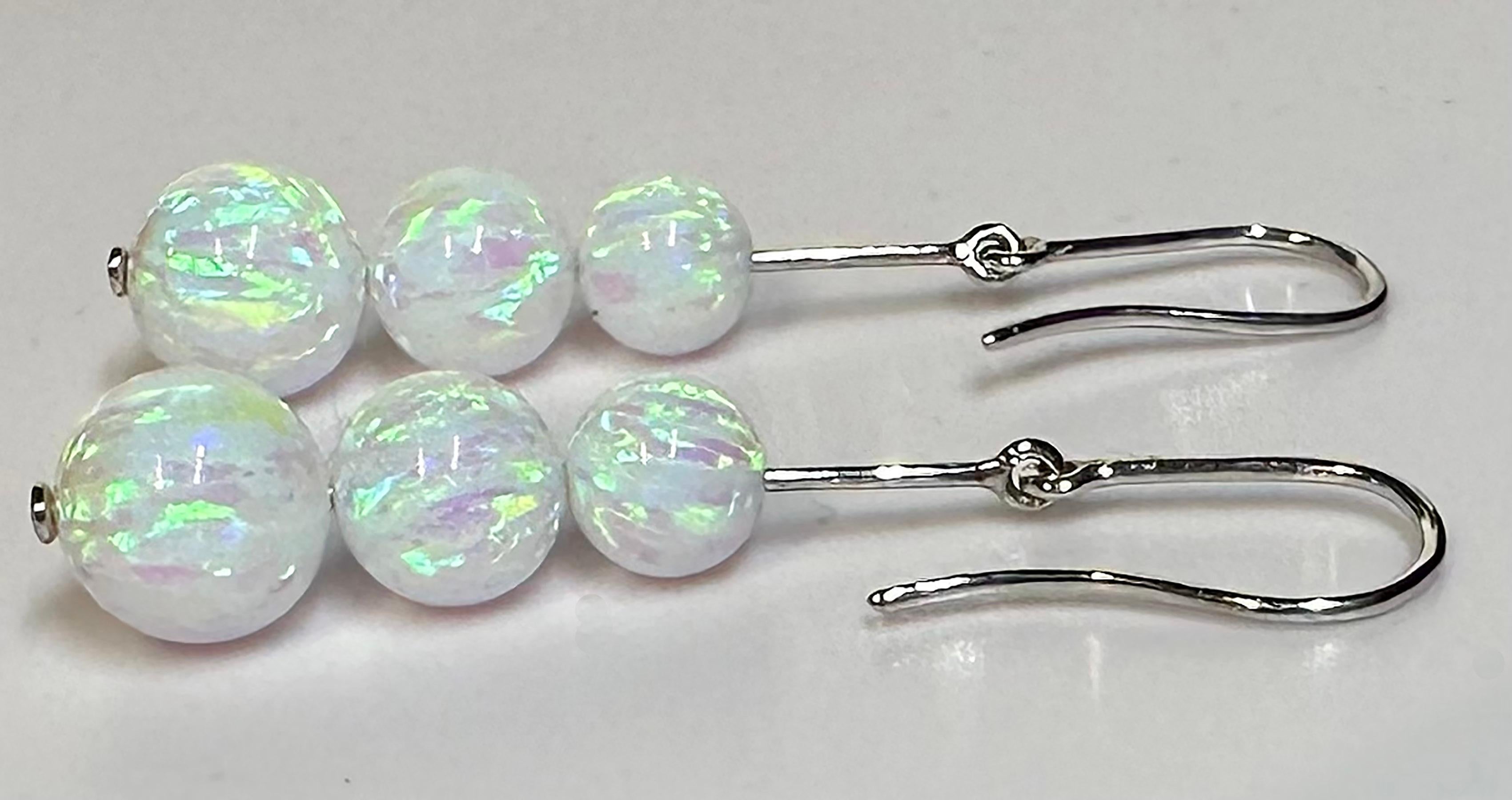 Modern 14kt White Gold Dangle Earrings set with cultured Opals For Sale