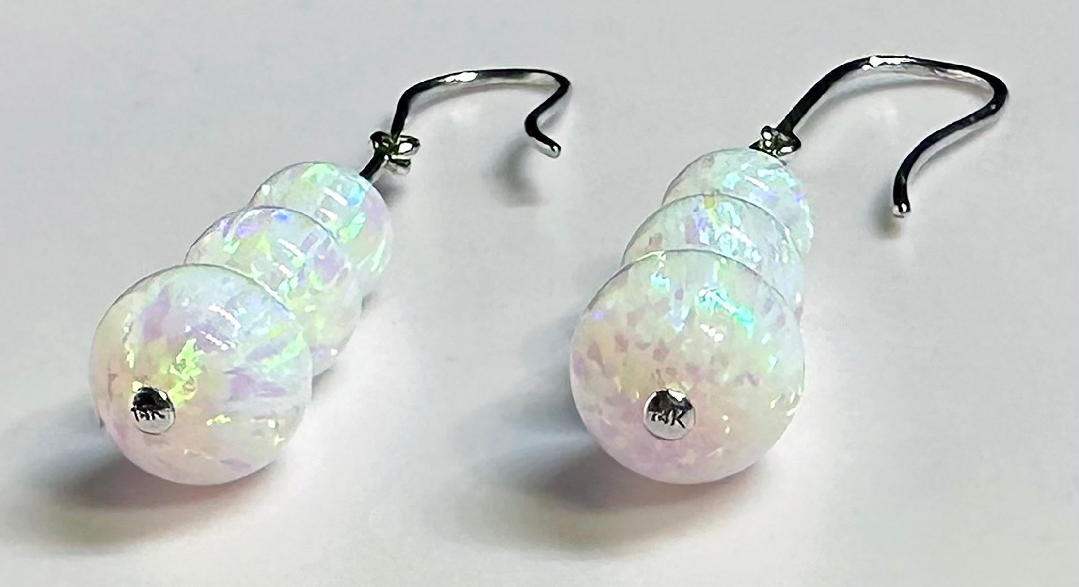 Bead 14kt White Gold Dangle Earrings set with cultured Opals For Sale