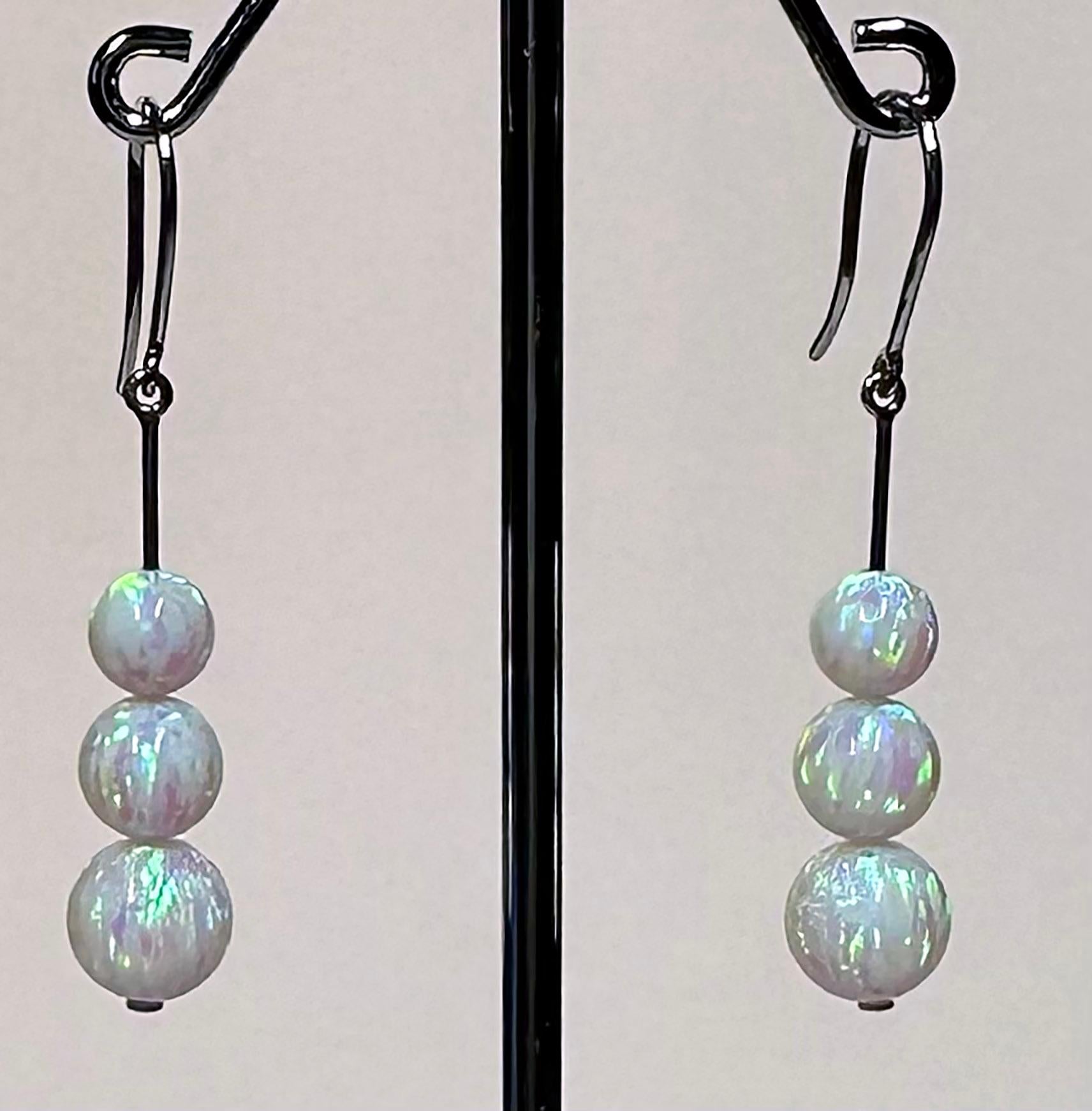 14kt White Gold Dangle Earrings set with cultured Opals For Sale 2