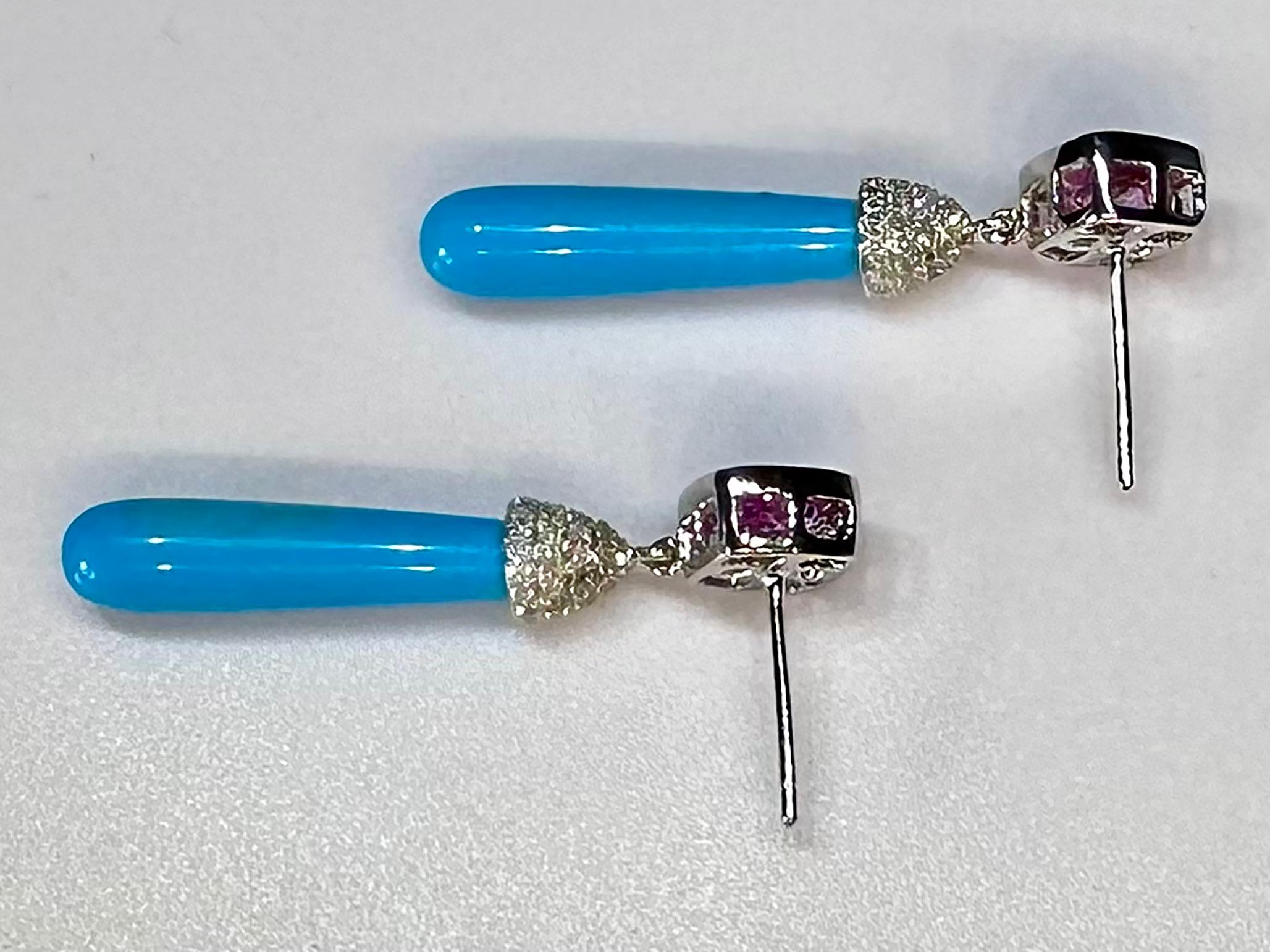 14kt White Gold Dangle Earrings with Pink & White Sapphires and Turquoise Drops For Sale 4