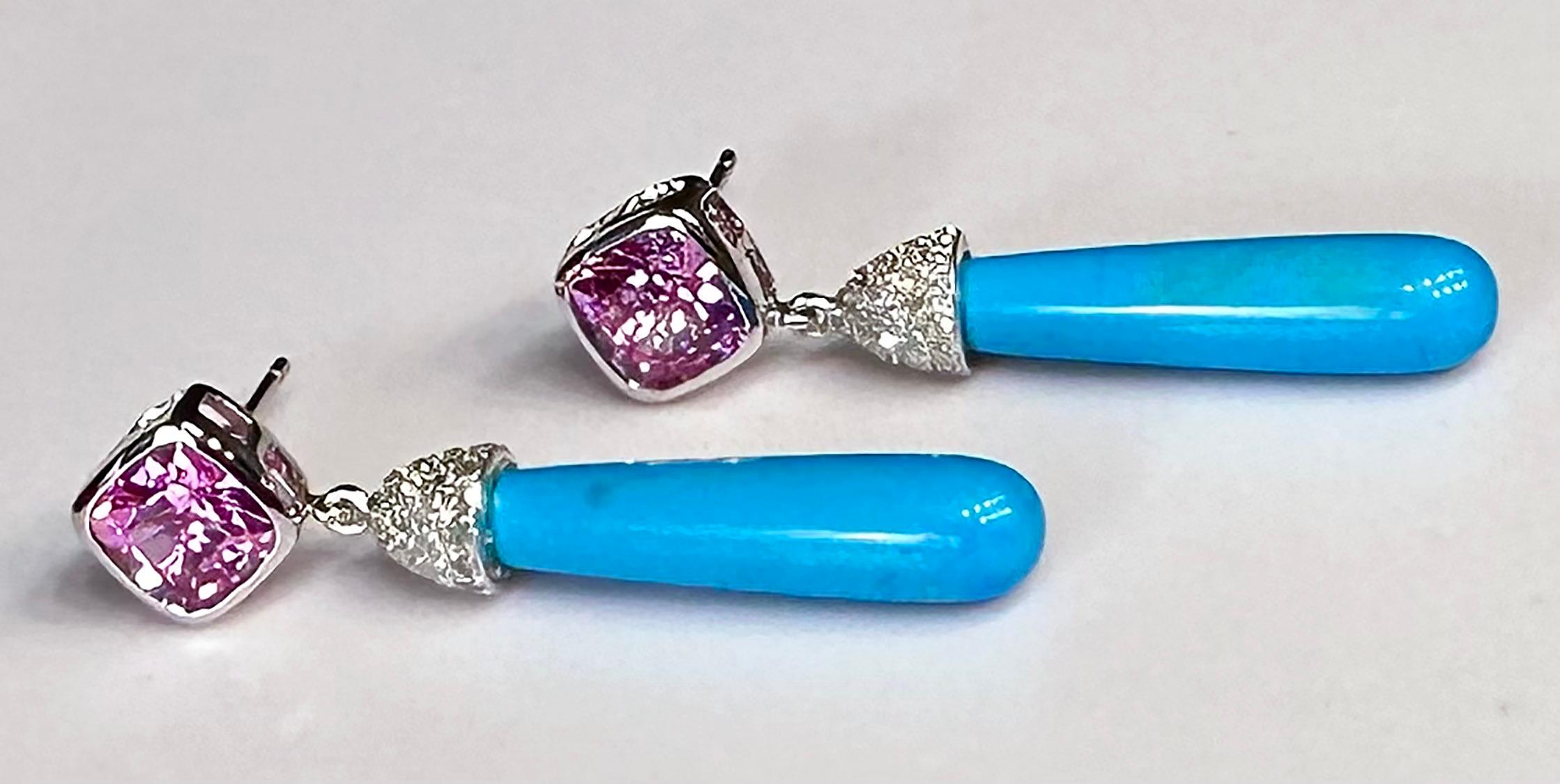 Artisan 14kt White Gold Dangle Earrings with Pink & White Sapphires and Turquoise Drops For Sale