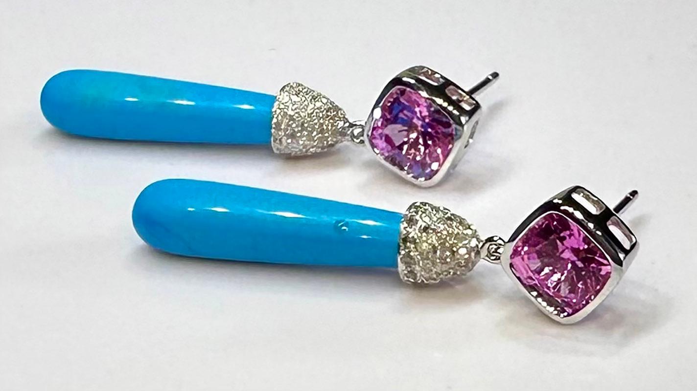 Cushion Cut 14kt White Gold Dangle Earrings with Pink & White Sapphires and Turquoise Drops For Sale