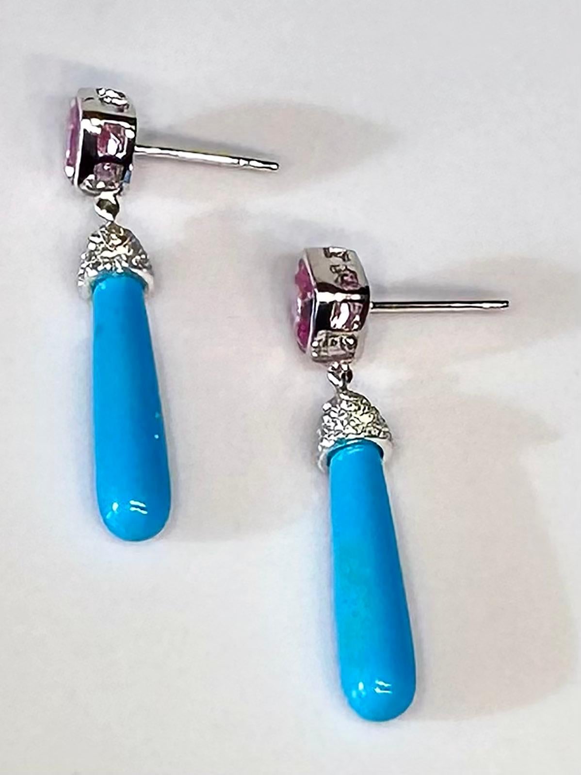 14kt White Gold Dangle Earrings with Pink & White Sapphires and Turquoise Drops In New Condition For Sale In Seattle, WA