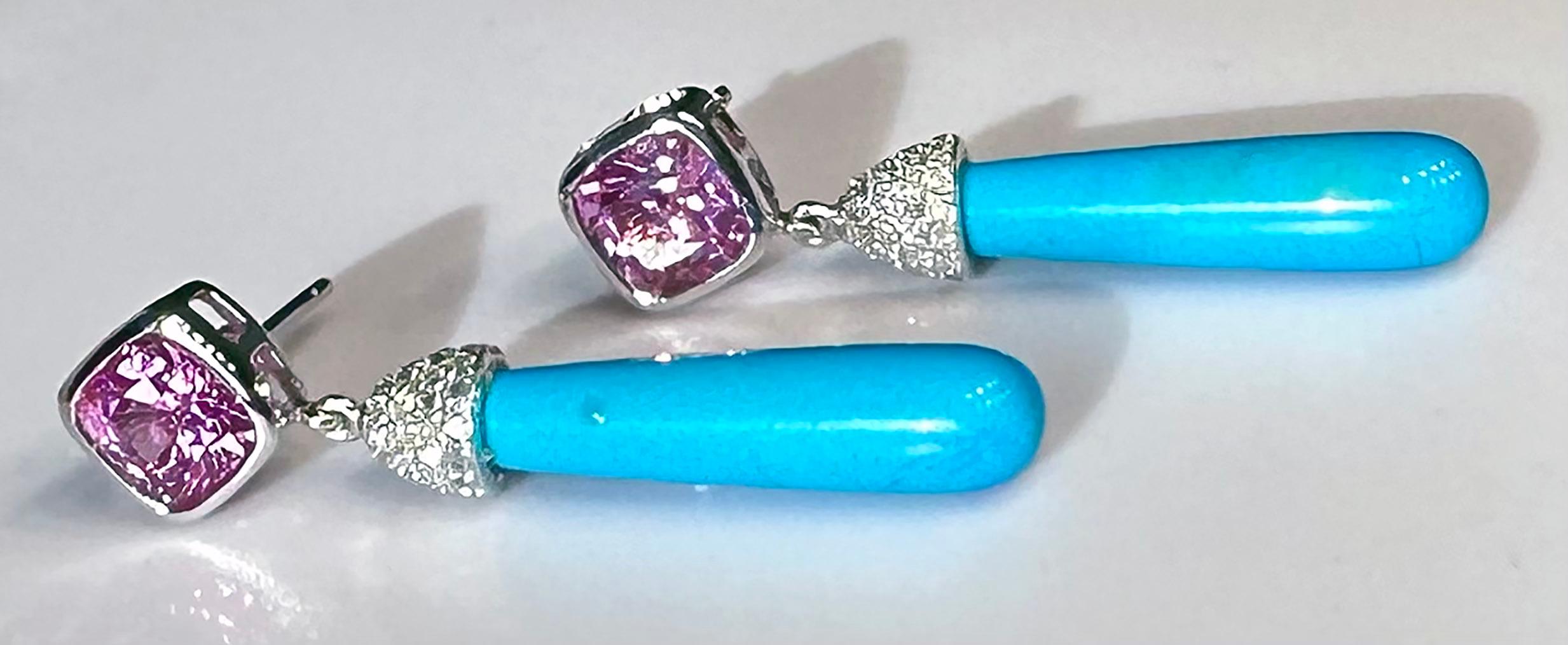 Women's 14kt White Gold Dangle Earrings with Pink & White Sapphires and Turquoise Drops For Sale