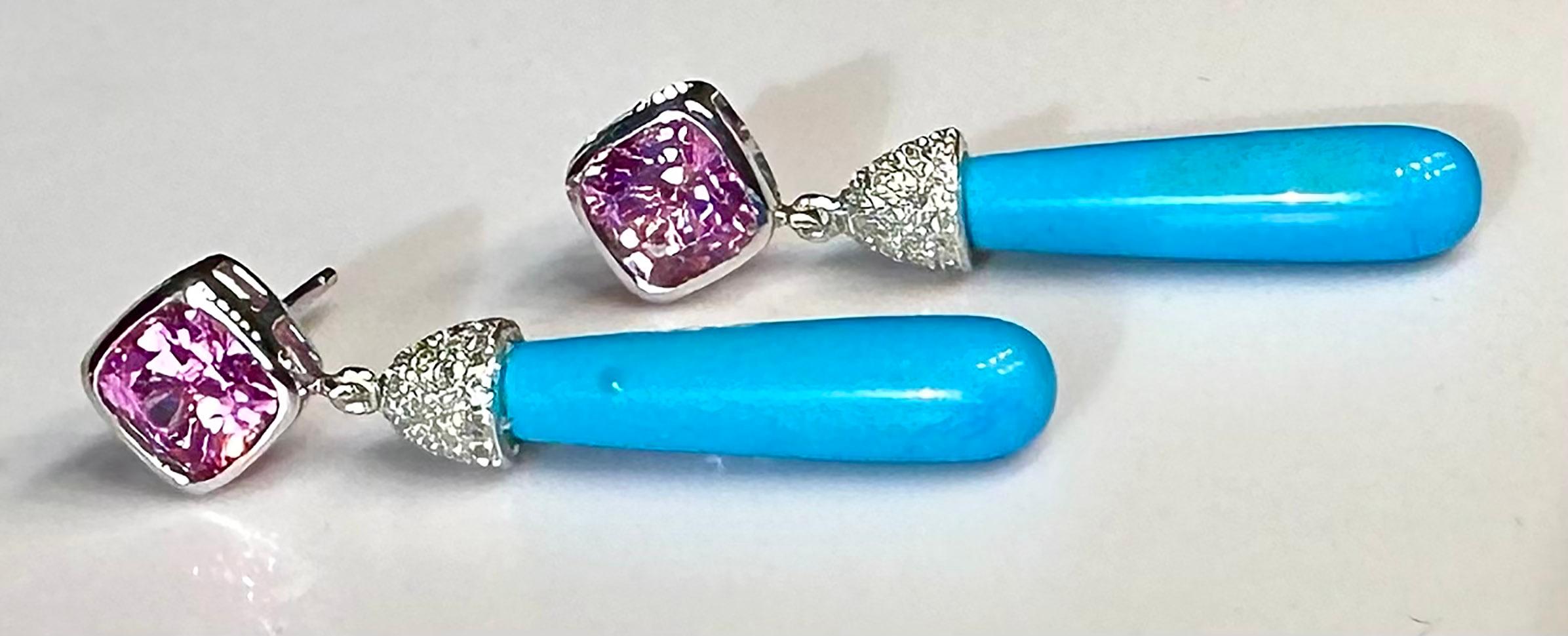 14kt White Gold Dangle Earrings with Pink & White Sapphires and Turquoise Drops For Sale 1