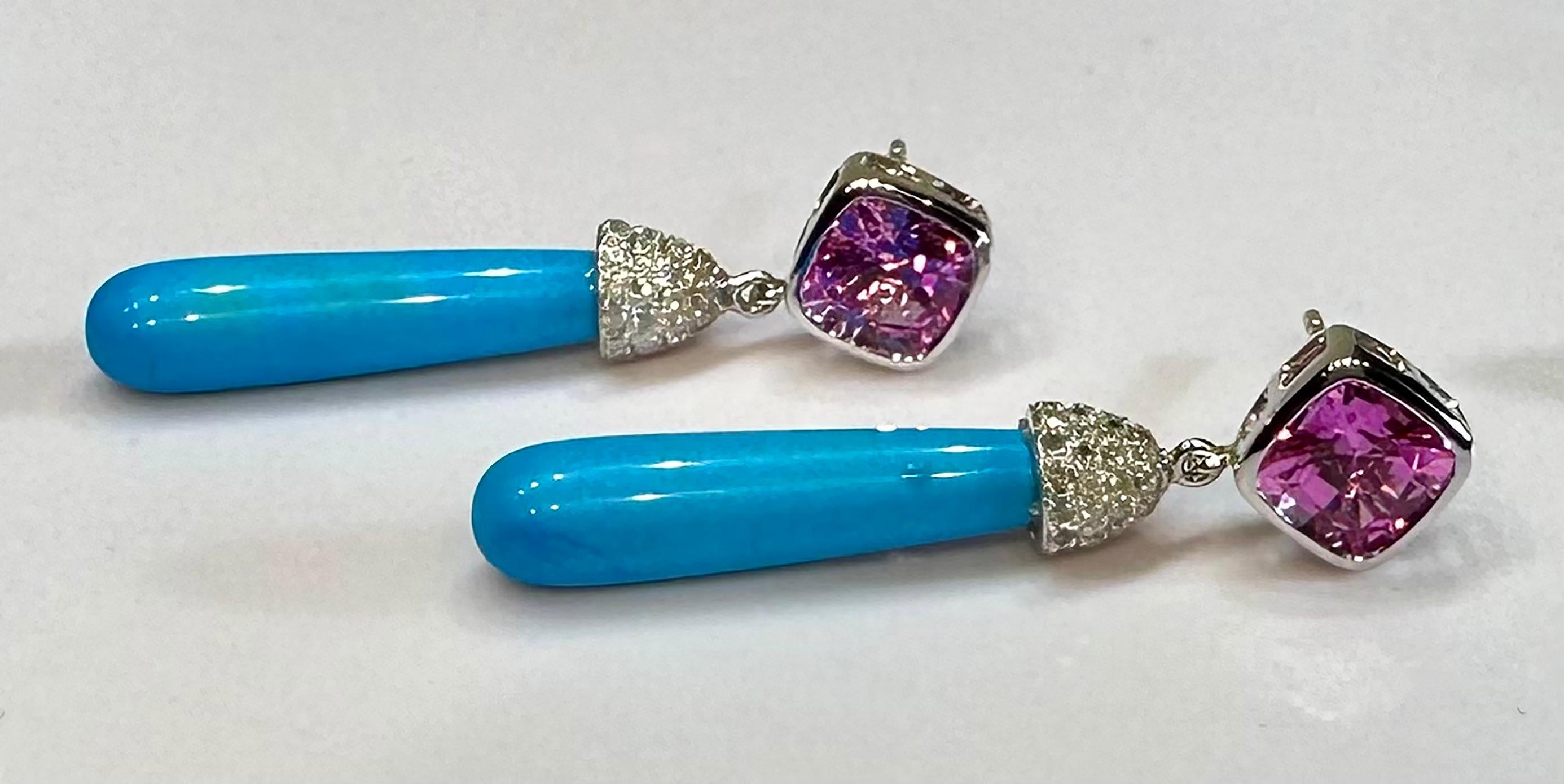 14kt White Gold Dangle Earrings with Pink & White Sapphires and Turquoise Drops For Sale 2