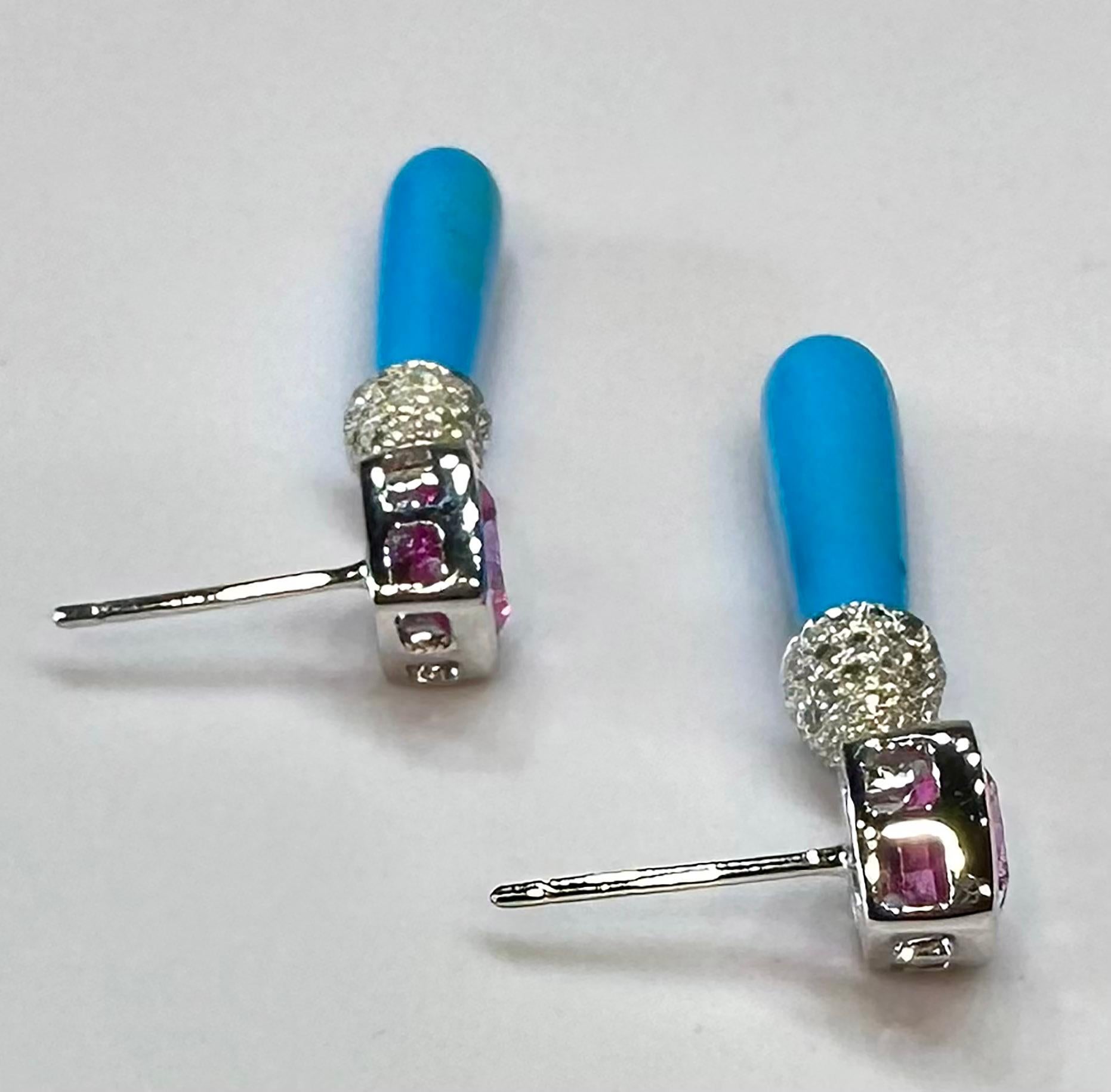 14kt White Gold Dangle Earrings with Pink & White Sapphires and Turquoise Drops For Sale 3