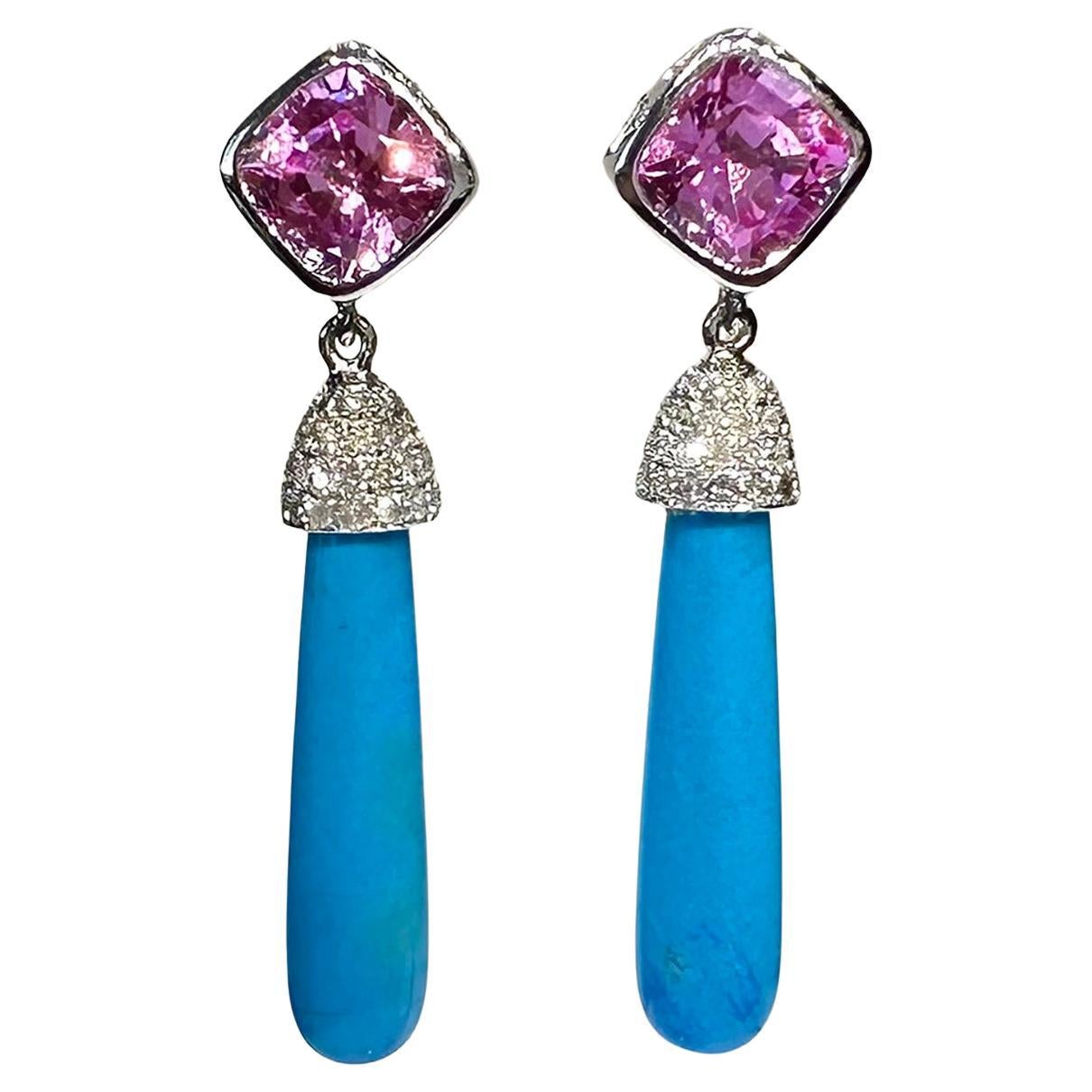 14kt White Gold Dangle Earrings with Pink & White Sapphires and Turquoise Drops For Sale