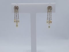 14kt White Gold Dangle Friction Post Freshwater Pearl Earrings Asian Symbol