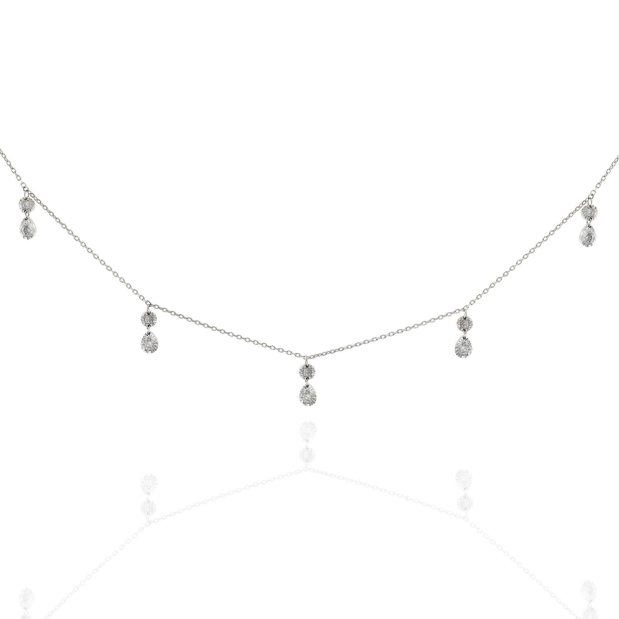 A delicate and elegant 14KT white gold necklace, featuring 0.35CT-TW of round-cut diamonds (G-SI clarity) arranged in a graceful dangling design. The diamonds shimmer with movement, enhancing the necklace’s brilliance and sophistication. With a