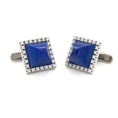 14kt White Gold Diamond 0.96ct & Sugar Loaf Lapis Lazuli Cuff Links