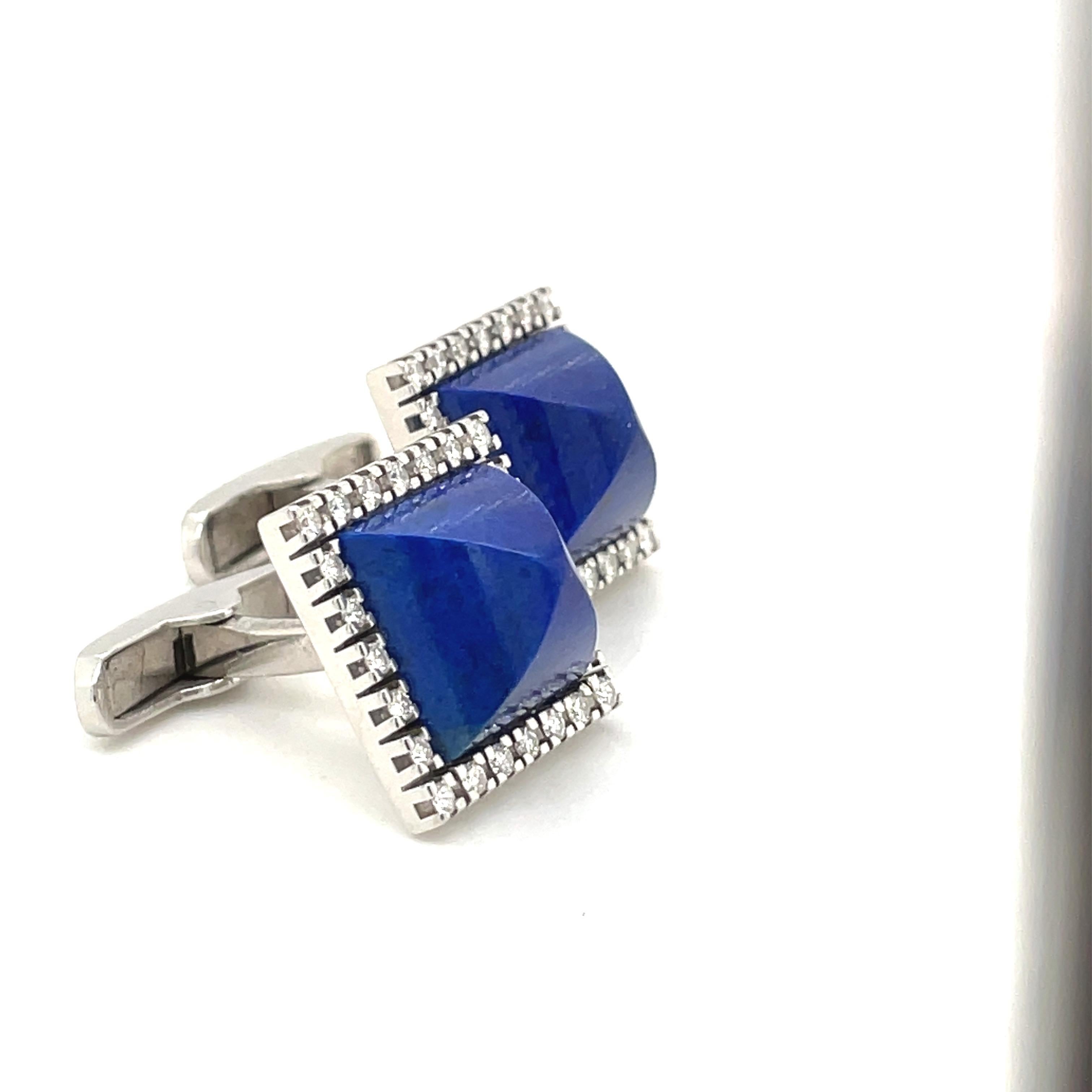 14kt White Gold Diamond 0.96ct & Sugar Loaf Lapis Lazuli Cuff Links In New Condition For Sale In New York, NY