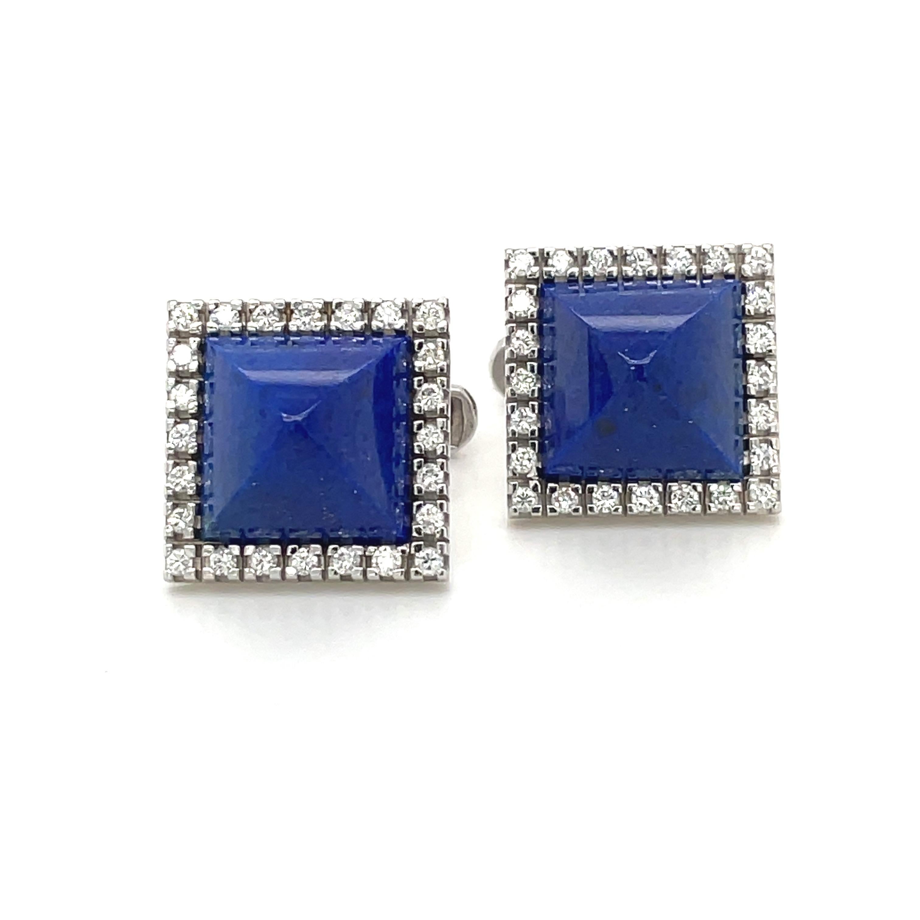 Women's or Men's 14kt White Gold Diamond 0.96ct & Sugar Loaf Lapis Lazuli Cuff Links For Sale
