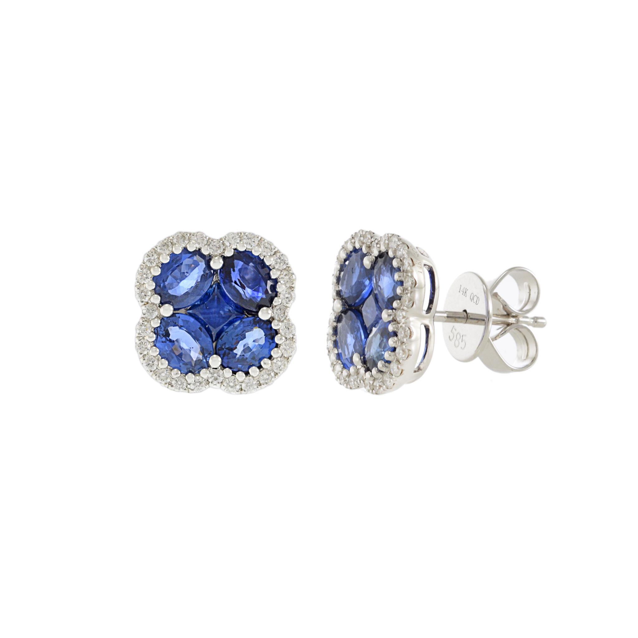 Oval Cut 14KT White Gold Diamond and Blue Sapphires Flower Clover Earrings For Sale