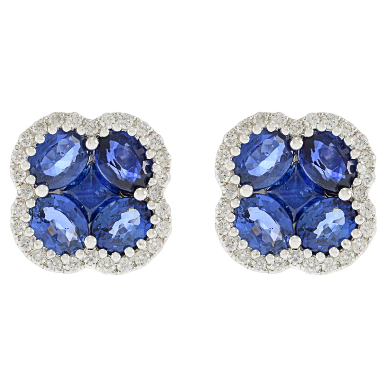 14KT White Gold Diamond and Blue Sapphires Flower Clover Earrings For Sale