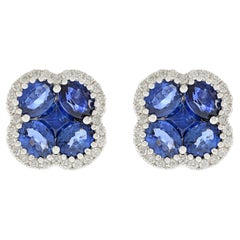 14KT Blumen Kleeblatt-Ohrringe aus Weißgold mit Diamanten und blauen Saphiren