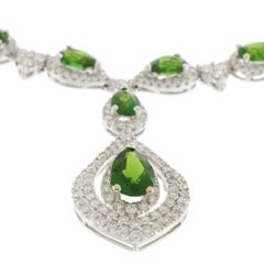 14KT White Gold Diamond and Green Russalite Drop Necklace