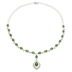 14KT White Gold Diamond and Green Russalite Drop Necklace