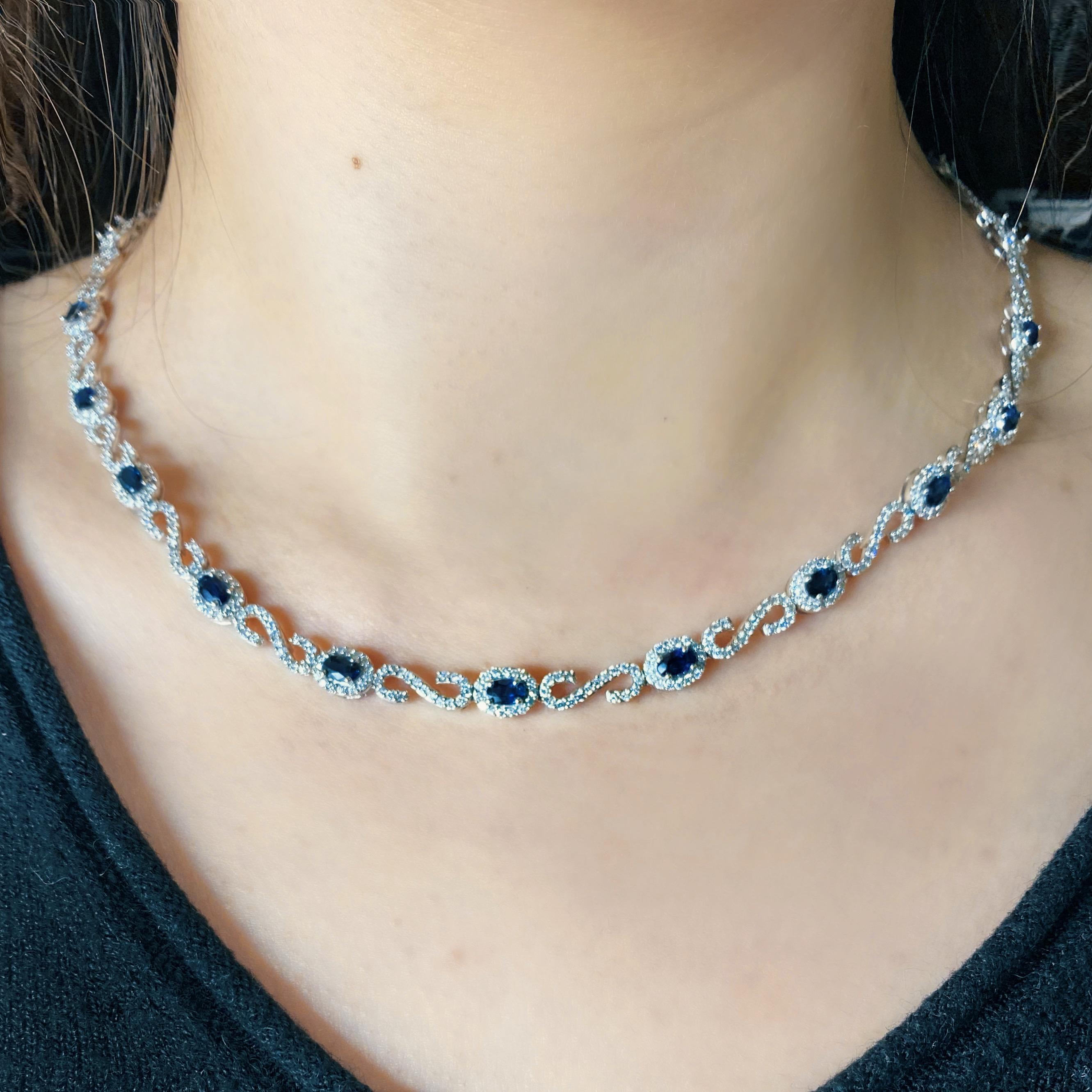 14kt white gold necklace
3.00ct total weight diamonds
5.00ct total Sapphires
Round brilliant cut diamonds
Color/Clarity: F/G-VS2/SI1
16.50