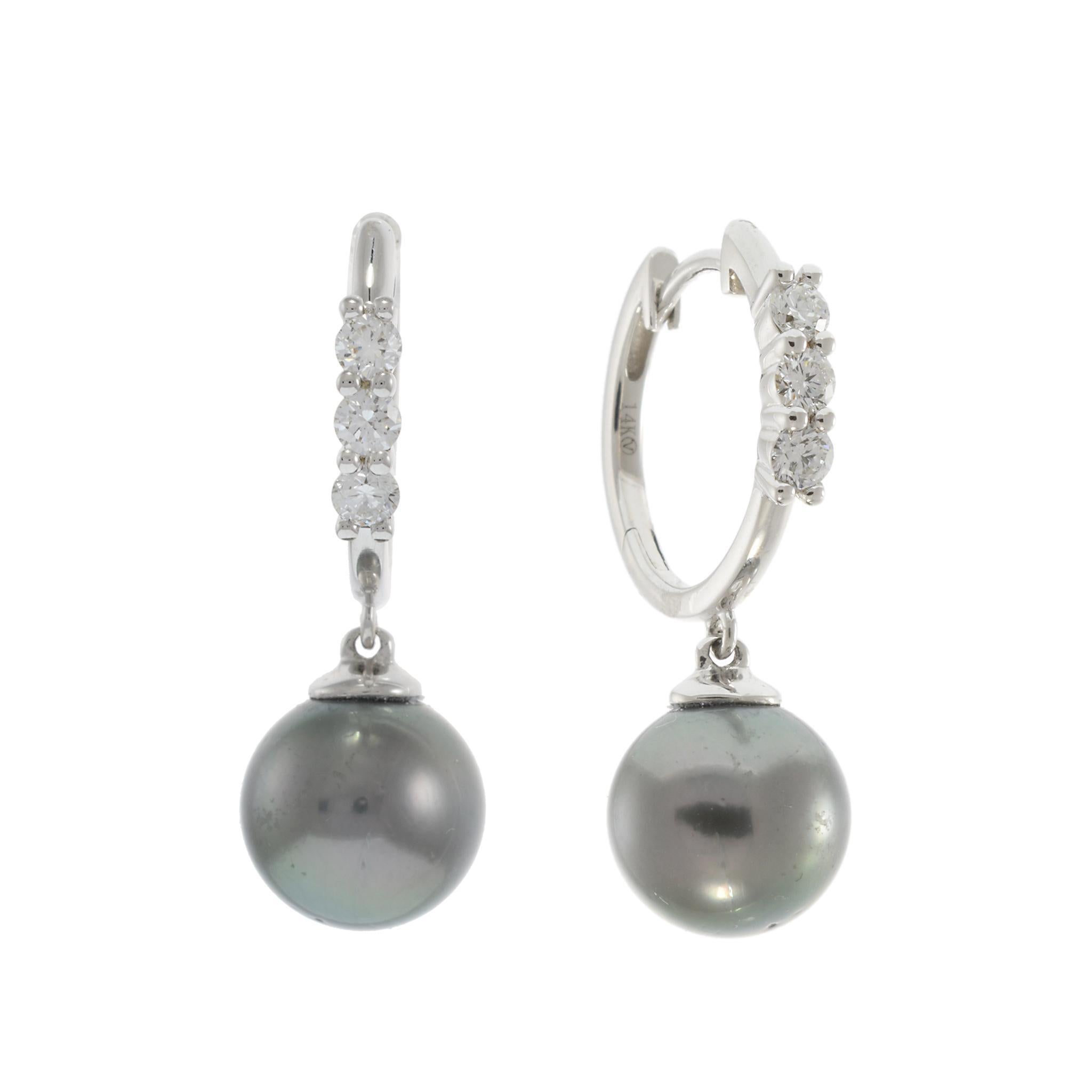 A stunning pair of 14KT white gold huggie earrings, featuring 9mm-10mm lustrous Tahitian pearls, known for their deep, exotic hues. The elegant huggie design is adorned with 0.36CT-TW of round-cut diamonds, adding brilliance and sophistication.