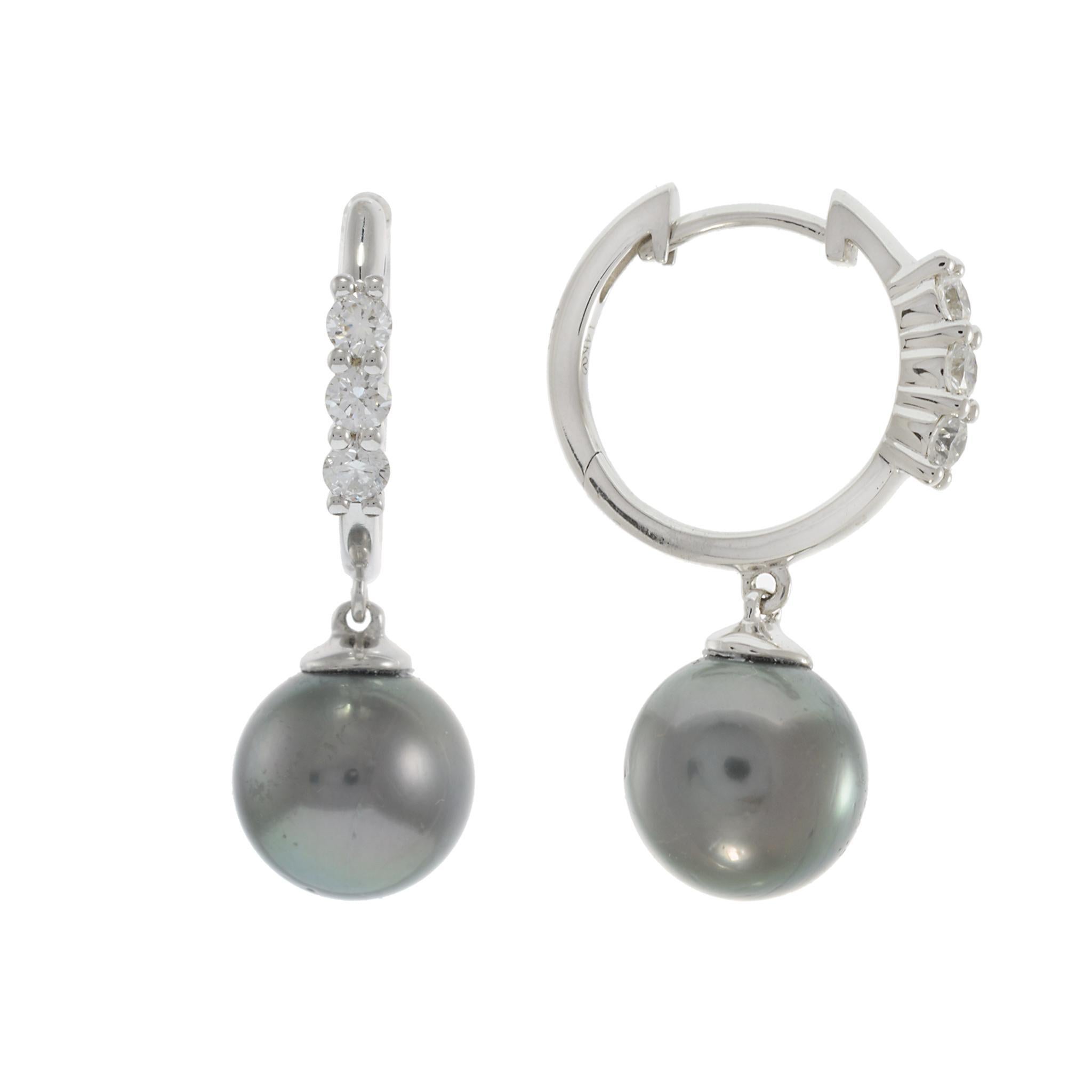 Round Cut 14KT White Gold Diamond and Tahitian Pearl Huggie Earrings For Sale