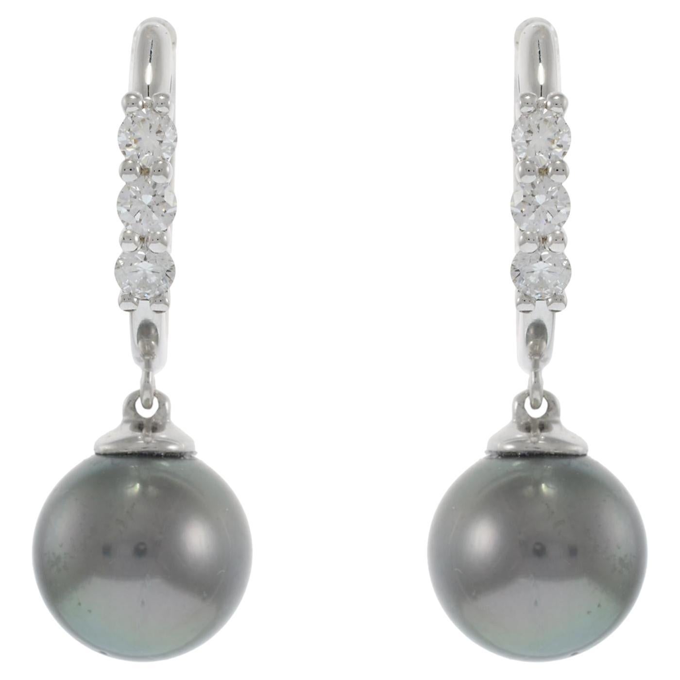 14KT White Gold Diamond and Tahitian Pearl Huggie Earrings