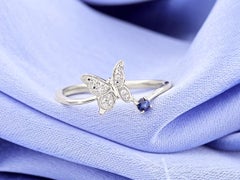 14KT White Gold Diamond Butterfly and Sapphire Bypass Ring