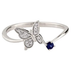 14KT White Gold Diamond Butterfly and Sapphire Bypass Ring