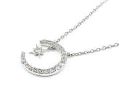 14KT White Gold Diamond Crescent Moon and Starburst Pendant Necklace