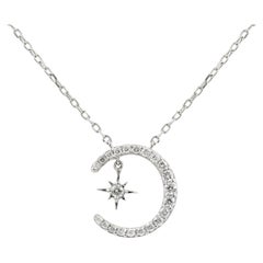14KT White Gold Diamond Crescent Moon and Starburst Pendant Necklace