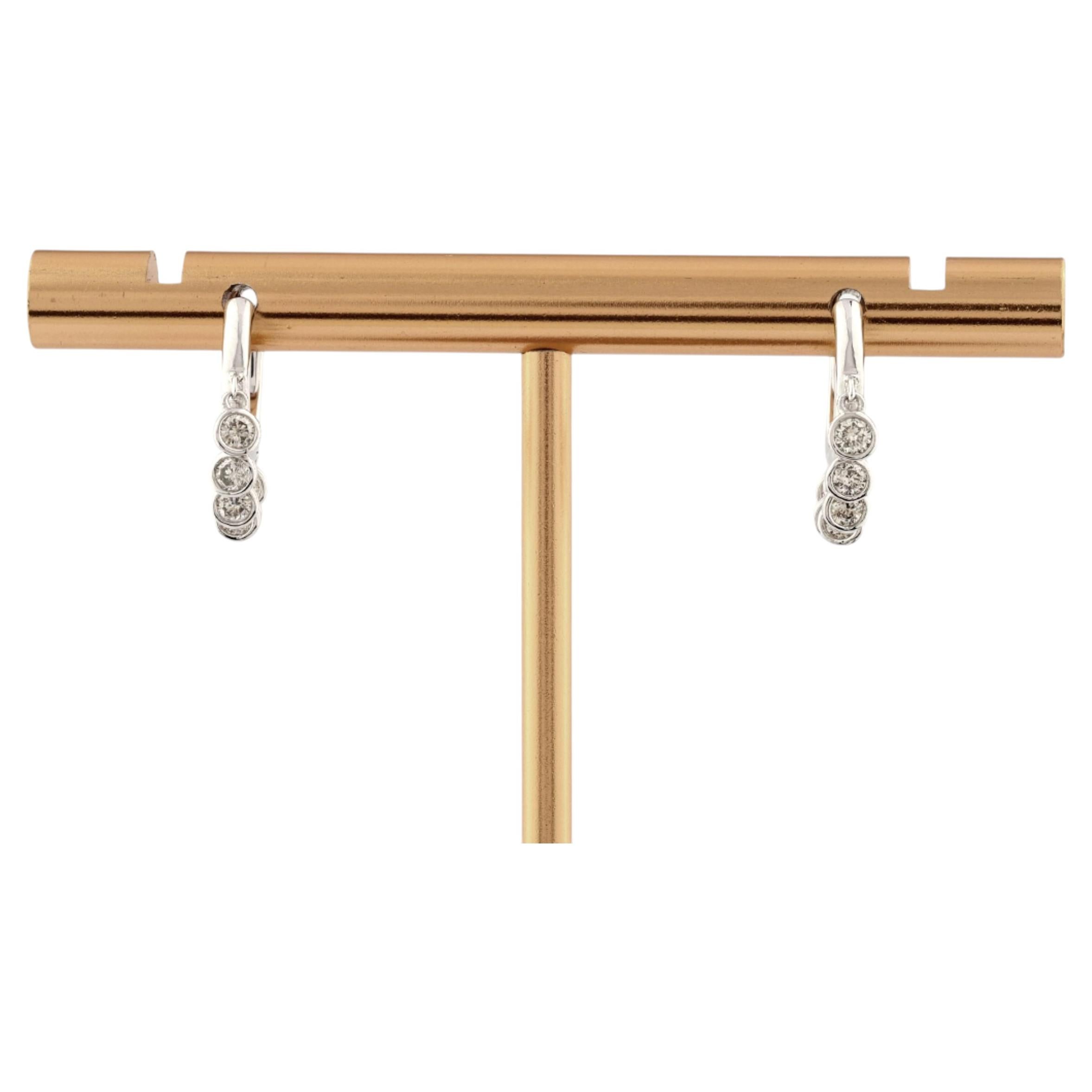 14KT White Gold Diamond Dangle Huggie Hoop Earrings