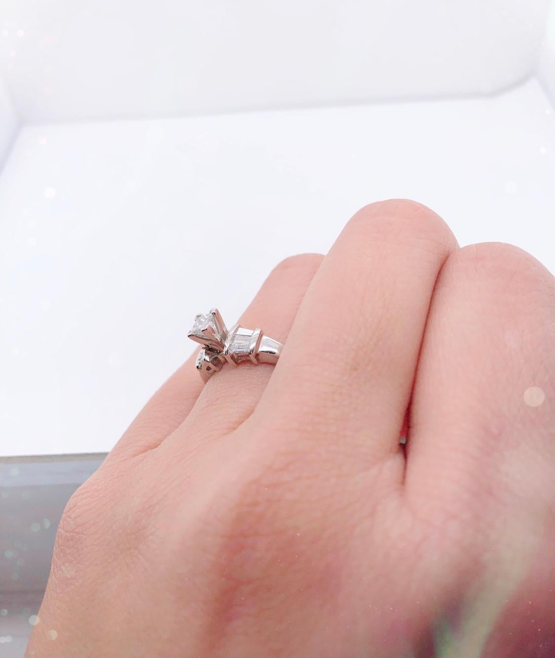 14 Karat White Gold Diamond Engagement Ring Side Baguette Cut Diamonds For Sale 6
