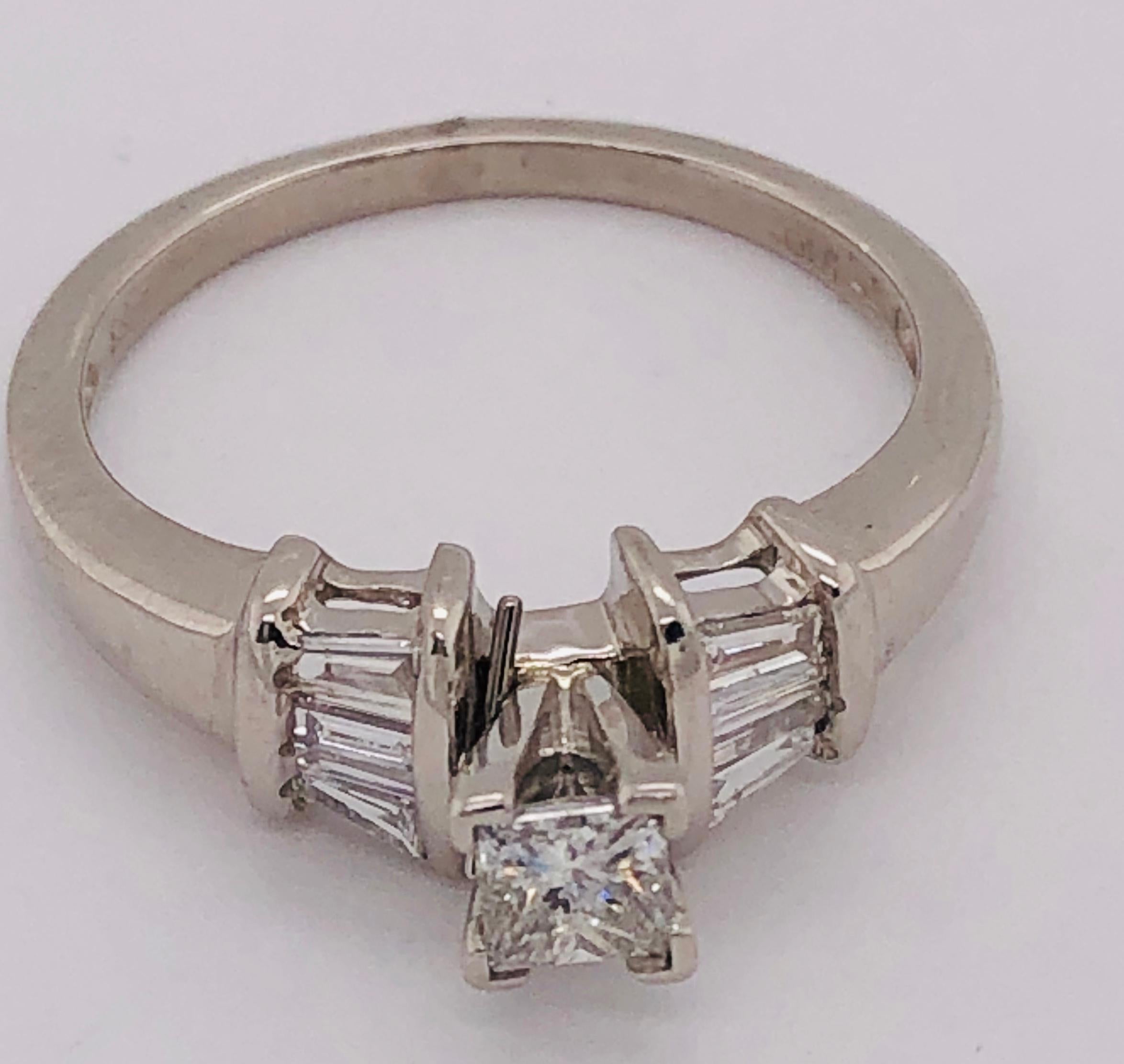 14 Karat White Gold Diamond Engagement Ring Side Baguette Cut Diamonds For Sale 9