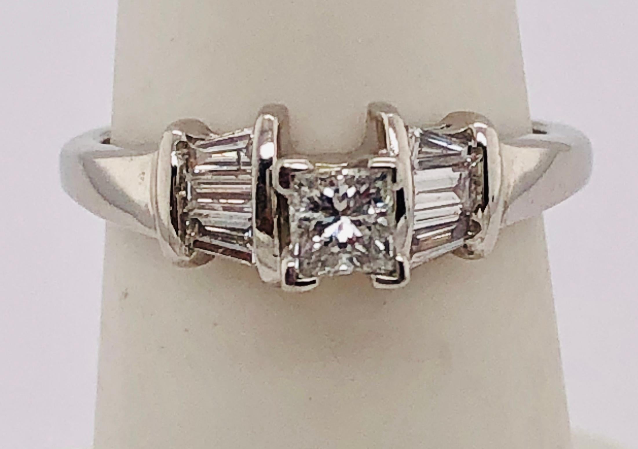 14 Karat White Gold Diamond Engagement Ring Side Baguette Cut Diamonds In Good Condition For Sale In Stamford, CT