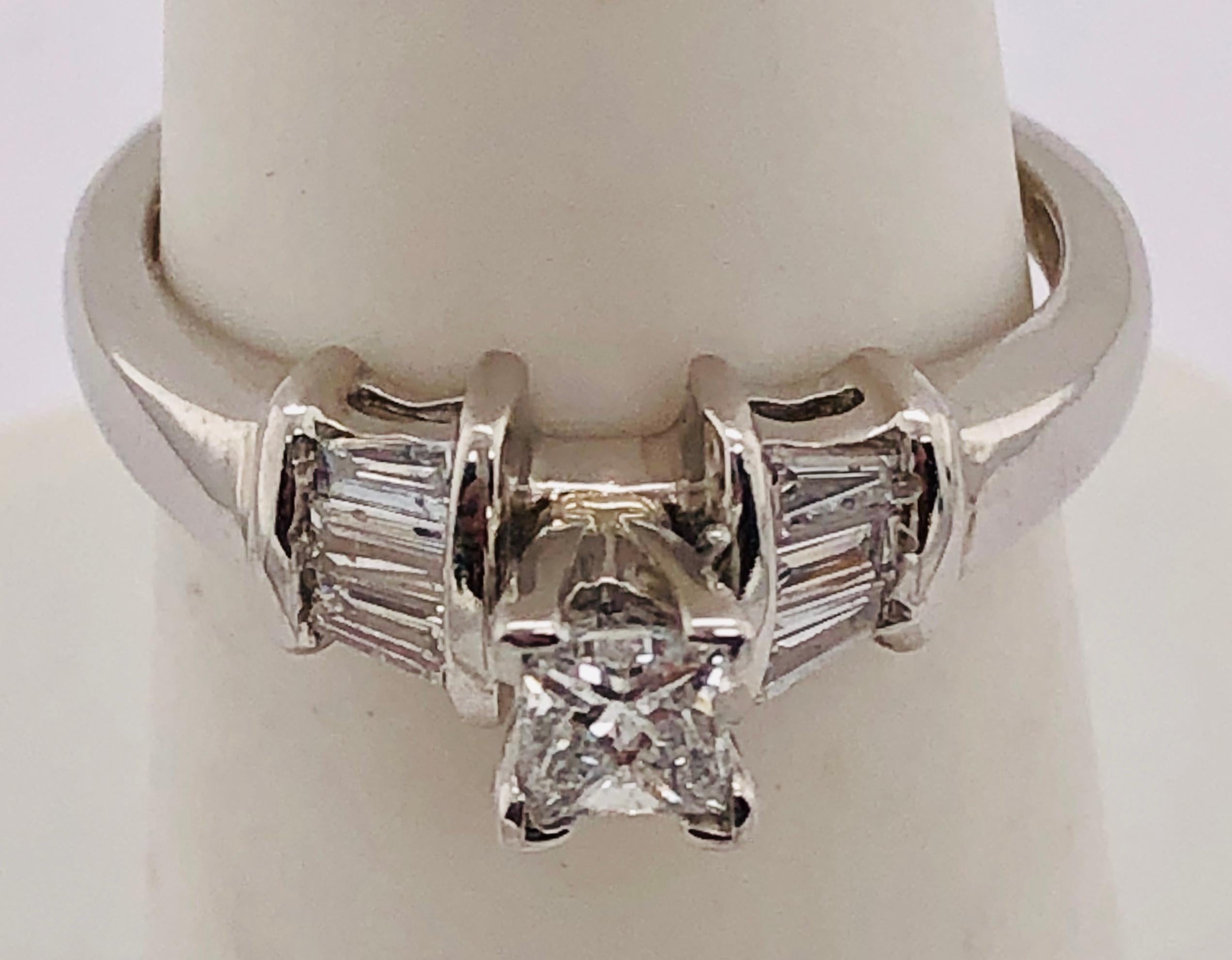 14 Karat White Gold Diamond Engagement Ring Side Baguette Cut Diamonds For Sale 3