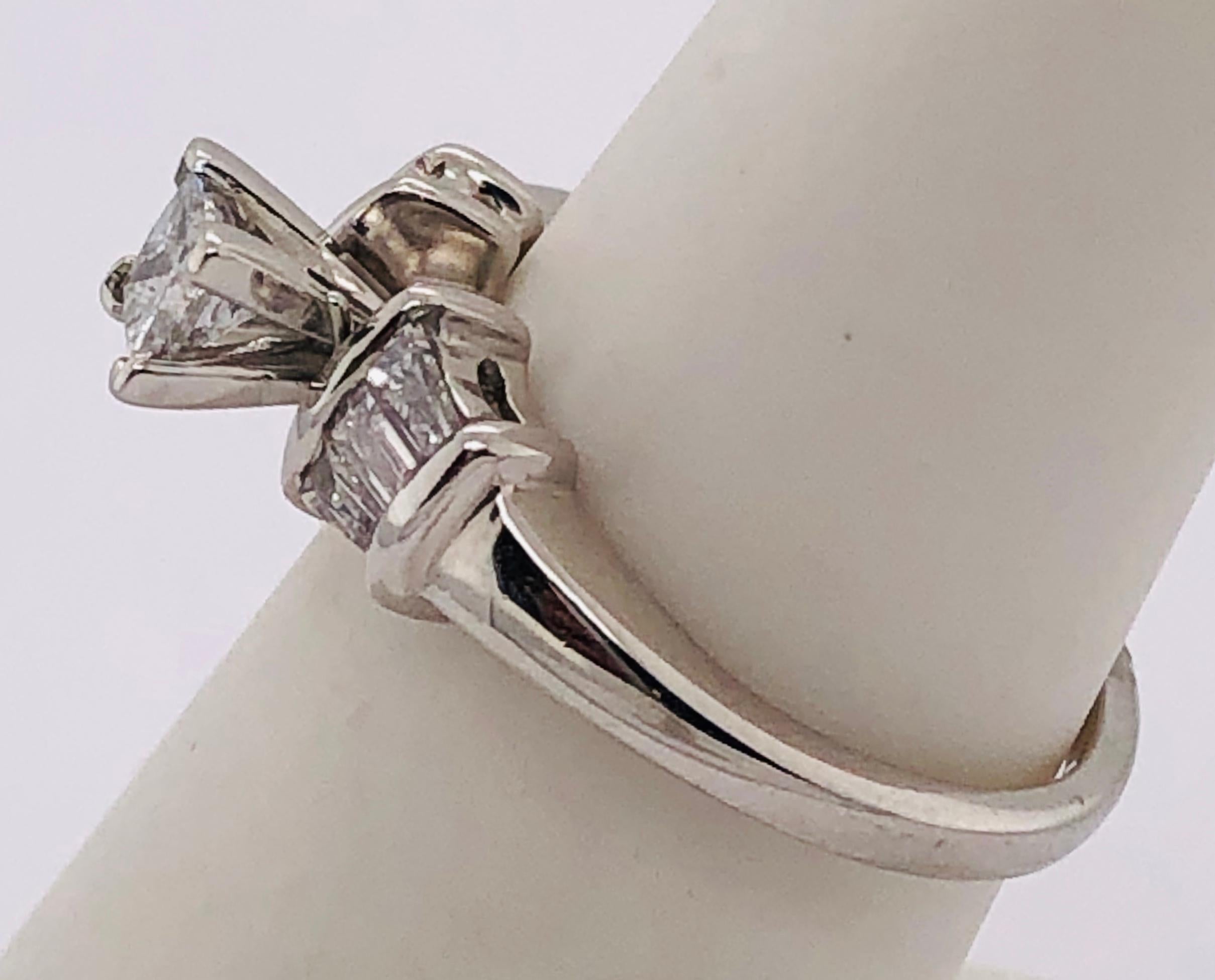 14 Karat White Gold Diamond Engagement Ring Side Baguette Cut Diamonds For Sale 4
