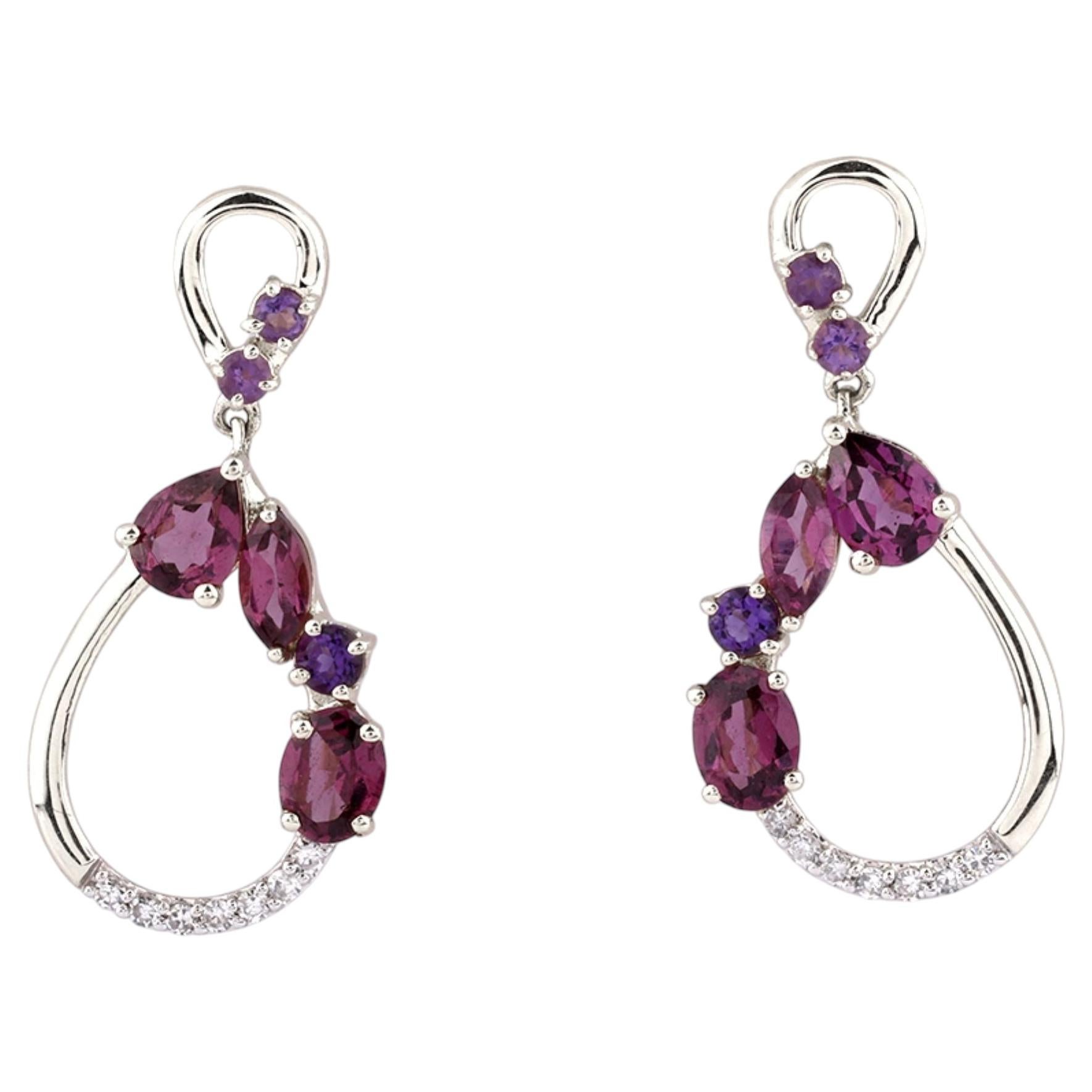 14KT White Gold Diamond, Rhodolite and Amethyst Open Teardrop Dangling Earring