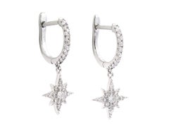 14KT White Gold Diamond Star Dangle Huggie Hoop Earrings